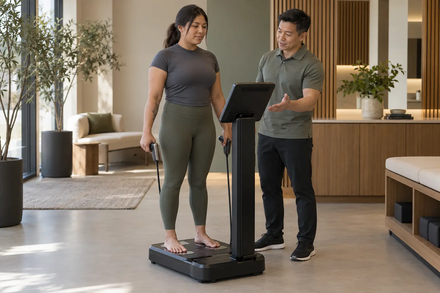 Coach guiding a client through a professional BIA body-composition assessment