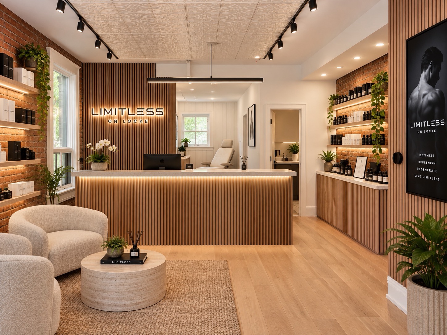 The warm oak reception area at Limitless on Locke