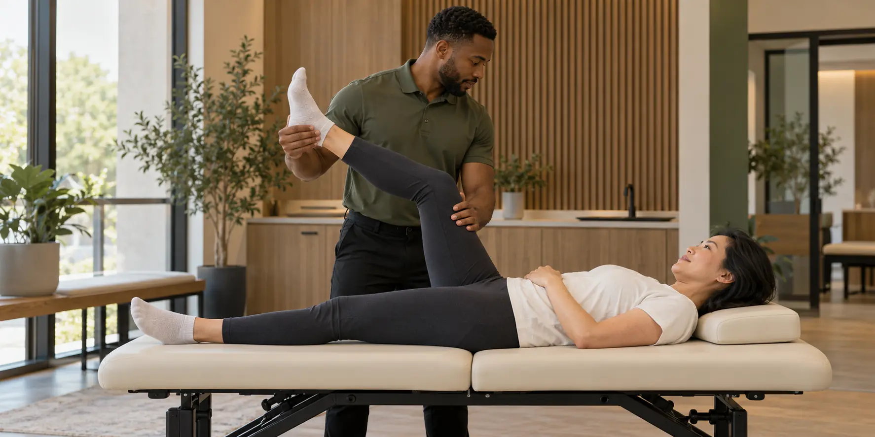 Stretch coach guiding a client through a supported hamstring stretch on a padded table