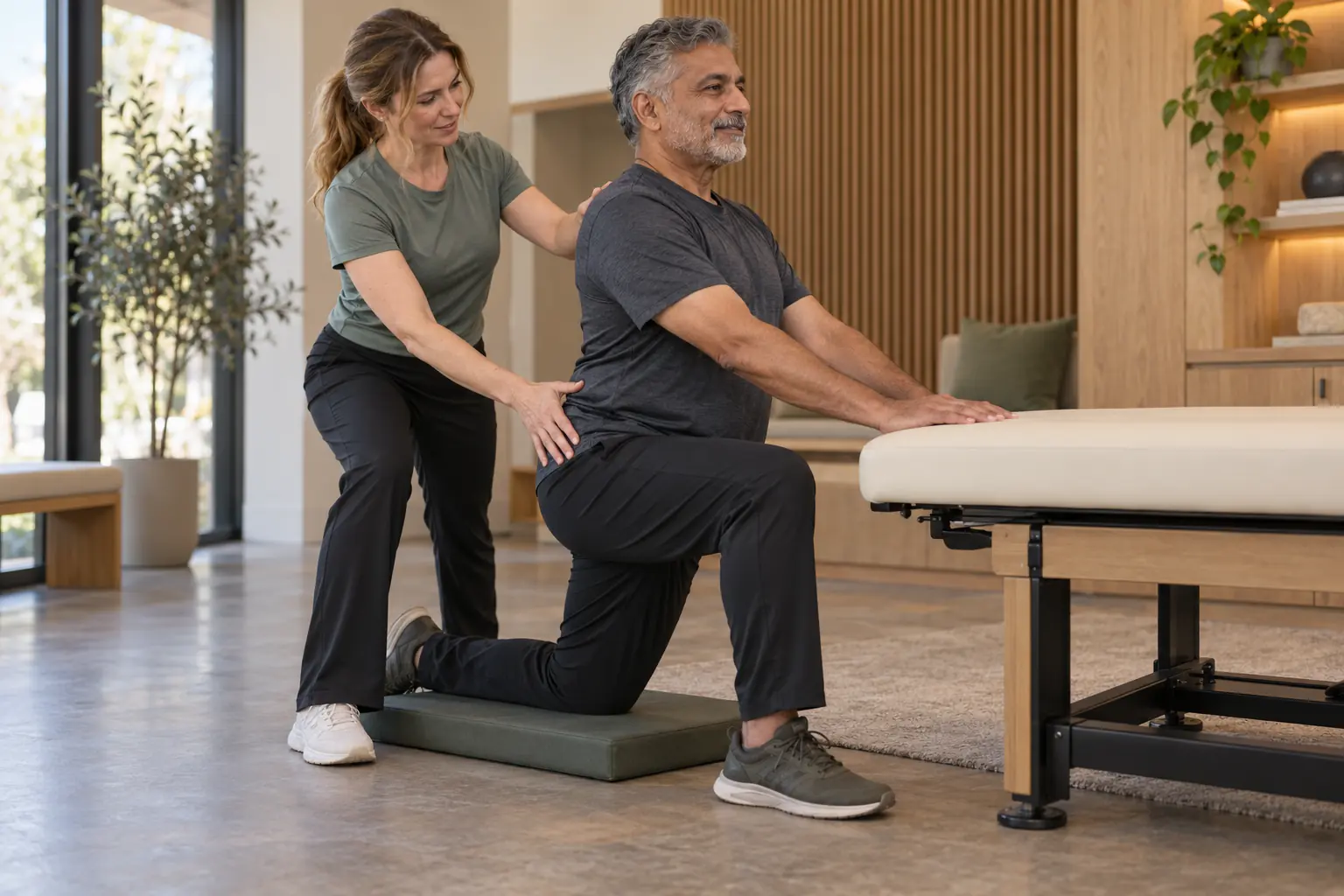 Mobility coach guiding a client through a supported hip-flexor stretch