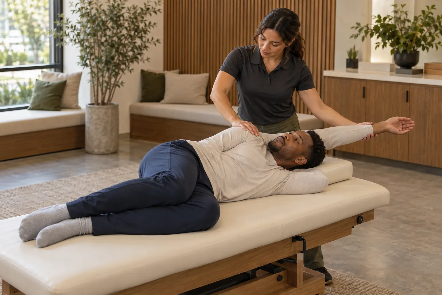 Stretch coach guiding a client through a gentle side-lying thoracic rotation