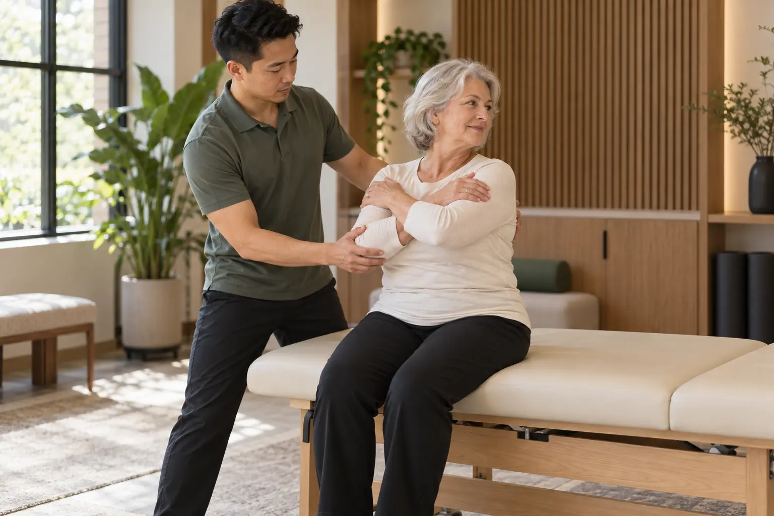 Stretch coach supporting an older client through seated upper-back mobility