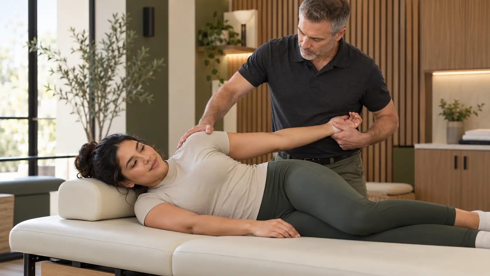 Stretch coach supporting a client through a gentle side-lying shoulder stretch