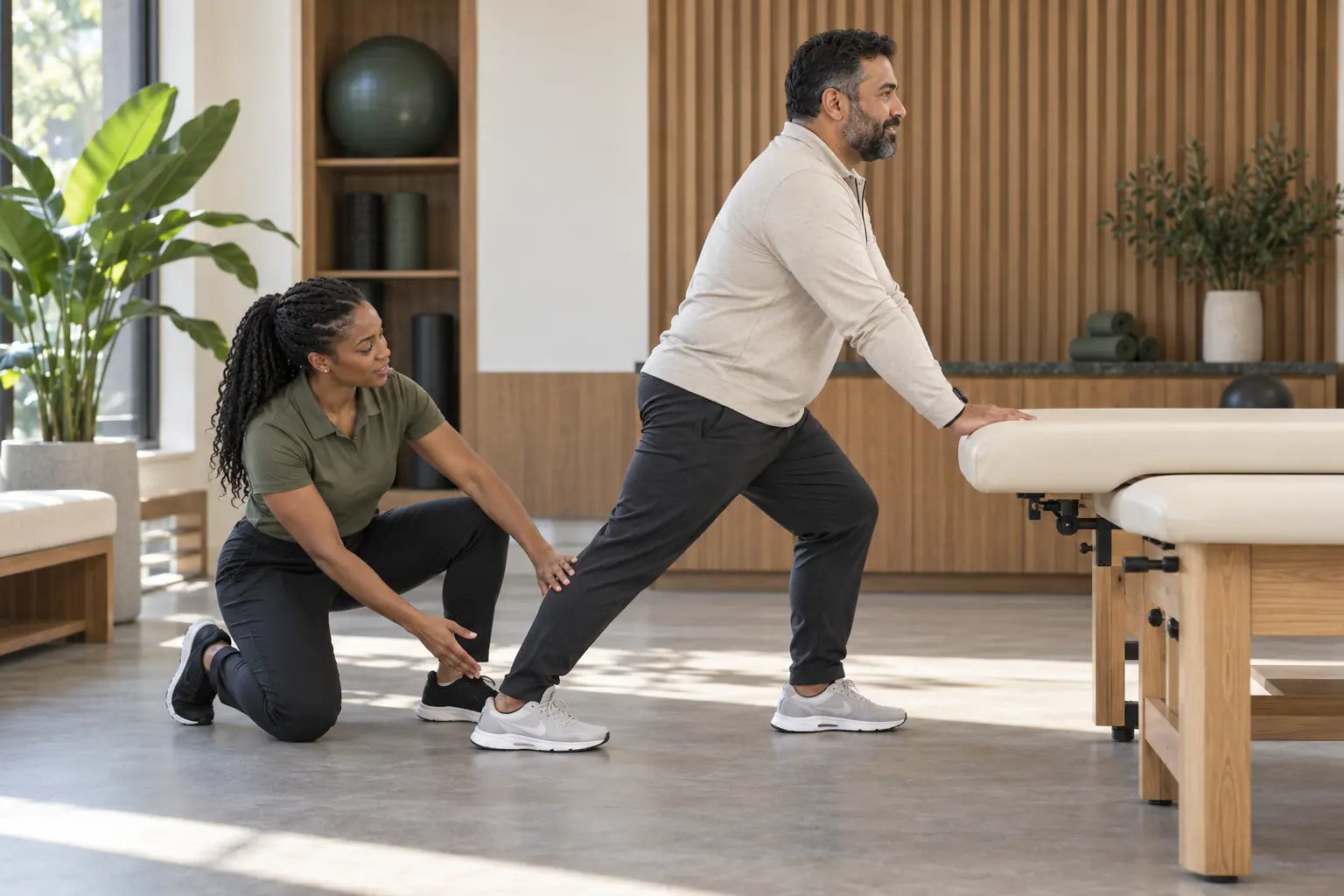 Stretch coach guiding a client through supported standing calf and ankle mobility